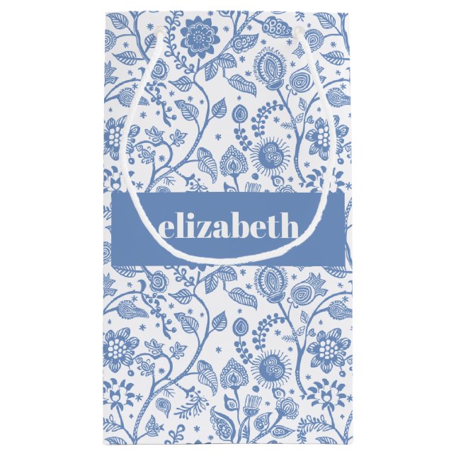 Petit Sac Cadeau Blue and White Botanical Floral Custom Name Modern (Dos)