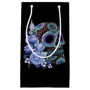 Petit Sac Cadeau Blue Floral Black Sugar Skull Jour des morts