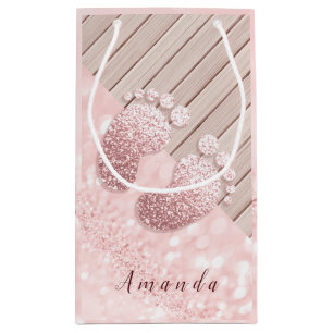 Petit Sac Cadeau Bois rose de rose de baby shower d'or de pieds