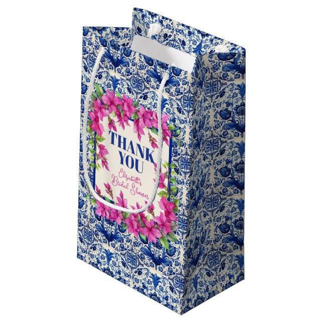 Petit Sac Cadeau Bougainvillea rose Carrelage bleu Fête des mariées (Dos Angle)