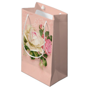 Petit Sac Cadeau Bouquet rose et rose blanche