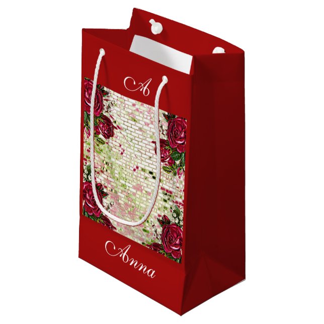 Petit Sac Cadeau Bourgogne Rouge Rustique Rose Élégant Pays (Devant Angle)