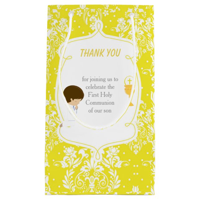 Petit Sac Cadeau Brunette Boy First Communion Damask (Devant)