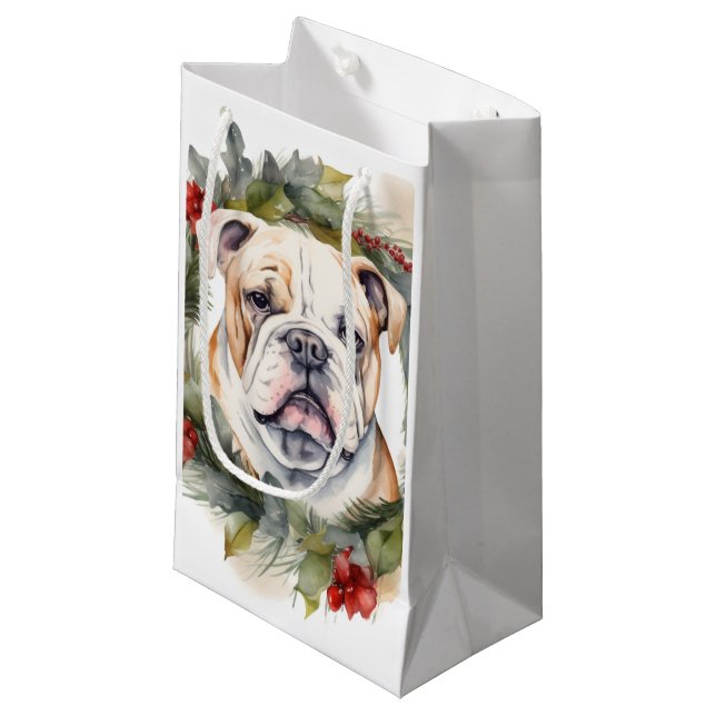 Petit Sac Cadeau Bulldog Christmas Wreath Festive Pup (Devant Angle)