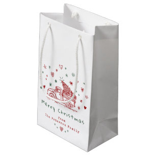 Petit Sac Cadeau Camion de Noël Whimsical Retro Rouge et Vert