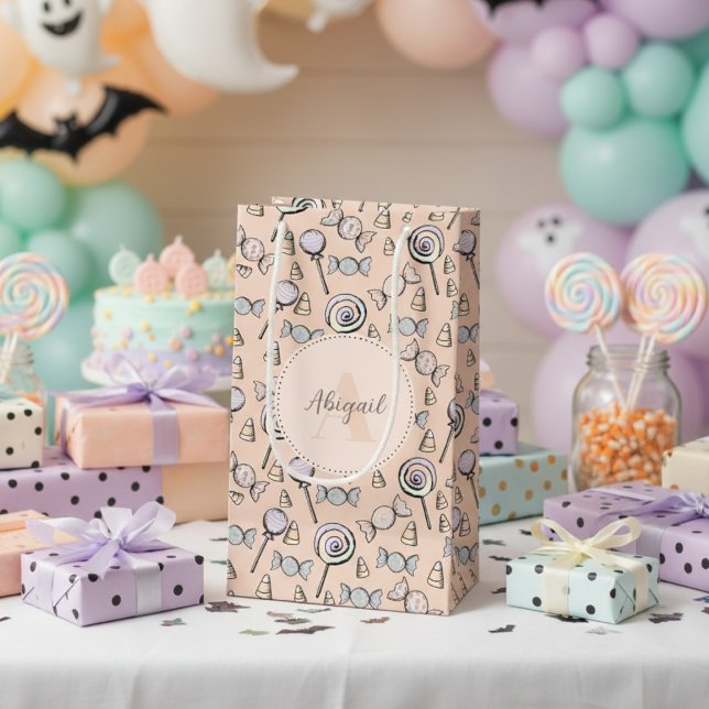 Petit Sac Cadeau Candy thème Pastel Orange (Cute Gender Neutral Pastel Orange Candy Theme Gift Bag for Baby Girl / Boy. Candy & Lollipop Pattern)