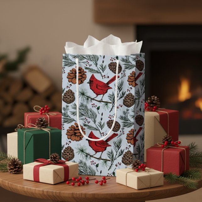 Petit Sac Cadeau Cardinal d'hiver, Cônes de pin, Bleu de baies roug (Elegant Winter Red Cardinal Bird, Pine, Pinecones, Xmas Red Berries Rustic Christmas Blue Pattern)