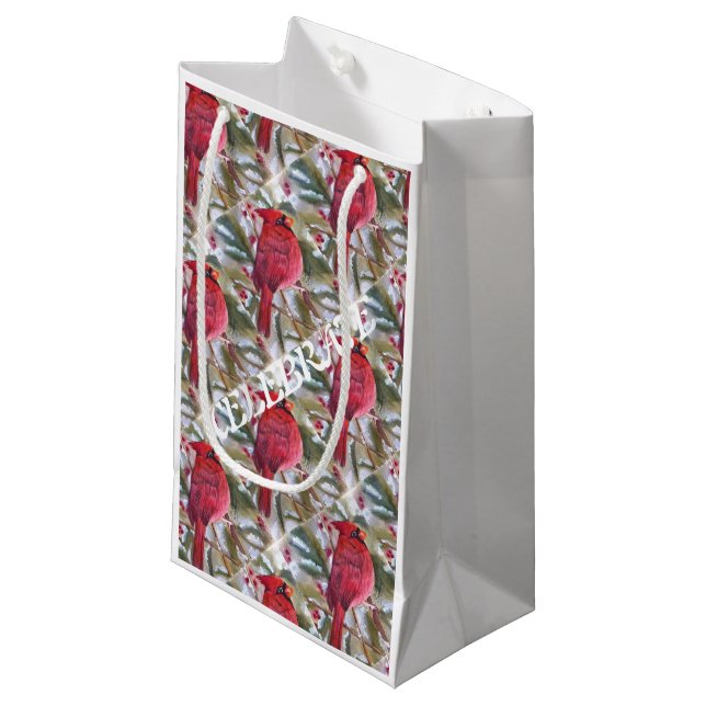 Petit Sac Cadeau Cardinal rouge de NOËL (Devant Angle)