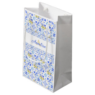 Petit Sac Cadeau Carreau bleu motif de citron de campagne française