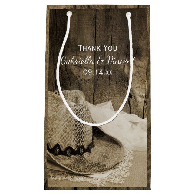 Petit Sac Cadeau Casquette Cowboy et Barn Wood Merci Mariage occide (Devant)