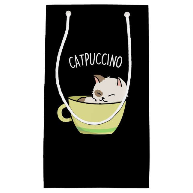 Petit Sac Cadeau Catpuccino Funny Kitty Chat En Coupe Pun Dark BG (Devant)