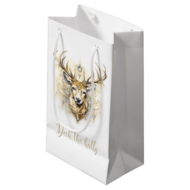 Petit Sac Cadeau Cerf de glitterie or et diamant (Devant Angle)