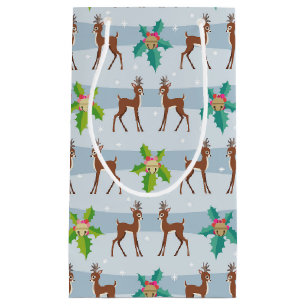 Petit Sac Cadeau Cerf de Noël d'hiver avec Holly Retro inspiré