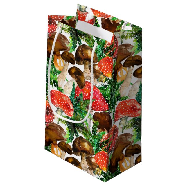 Petit Sac Cadeau Champignons d'aquarelle et motif de fougères verte (Dos Angle)