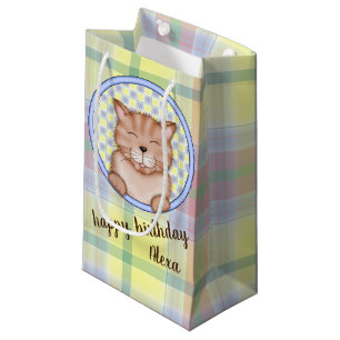 Petit Sac Cadeau chat d'anniversaire sur plaid avec nom personnel