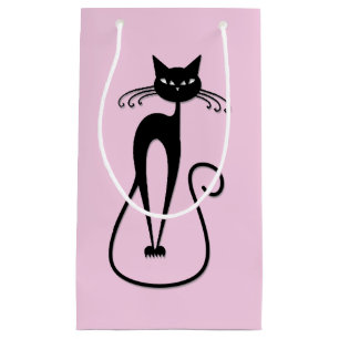 Petit Sac Cadeau Chat noir maigre fantaisiste rose