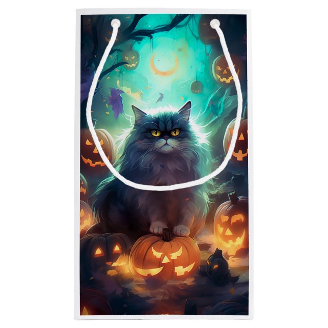 Petit Sac Cadeau Chat Sibérien D'Halloween Avec Peur Citrouille (Dos)