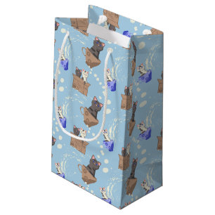 Petit Sac Cadeau Chats en boîte et gouttes de lait sur bleu