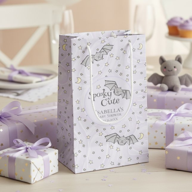 Petit Sac Cadeau Chauves-souris neutres de genre Éffrayant Baby sho (Spooky Cute Bats Girl Baby Shower Gift Bags. Bats, Stars, Moons Purple Watercolor Pattern for Her)
