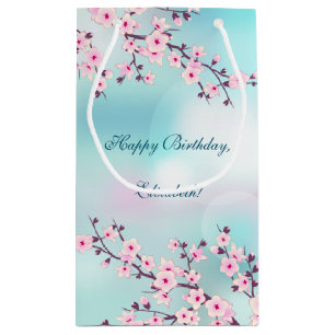 Petit Sac Cadeau Cherry Blossom rose Turquoise Personnalisé Anniver