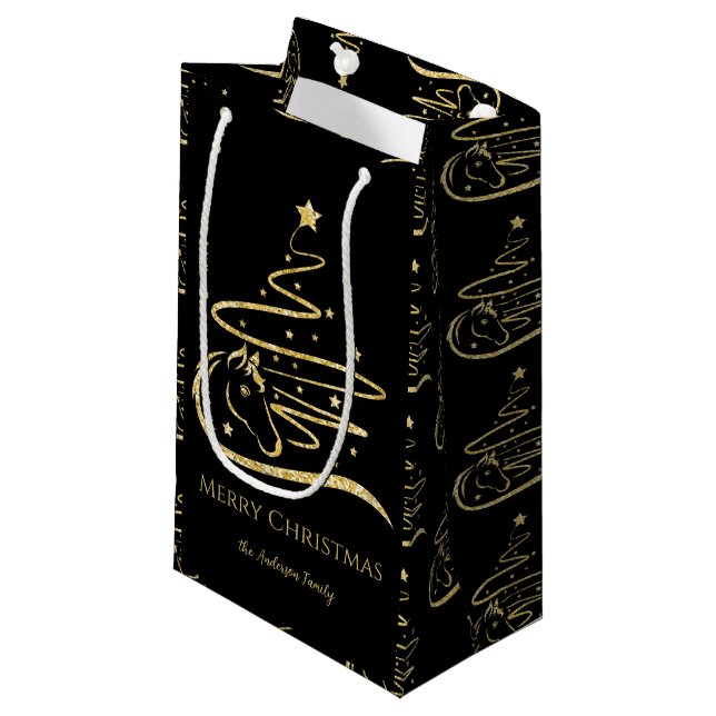 Petit Sac Cadeau Cheval sapin de Noël parties scintillant d'or éque (Devant Angle)