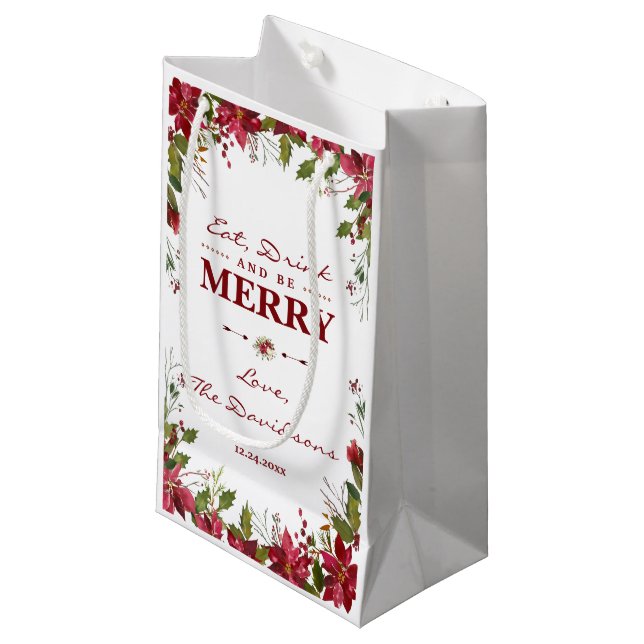 Petit Sac Cadeau Chic Noël Rouge Poinsettia Mangez Boire & Soyez Jo (Devant Angle)