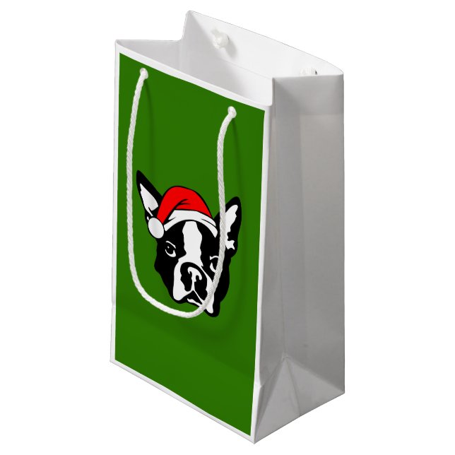Petit Sac Cadeau Chien de Boston Terrier avec Noël Santa Hat (Devant Angle)
