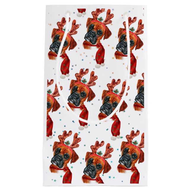 Petit Sac Cadeau Chien mignon de boxe avec rennes Antlers Noël (Devant)