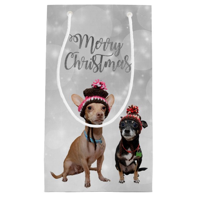 Petit Sac Cadeau Chihuahua Joyeux Noël (Devant)