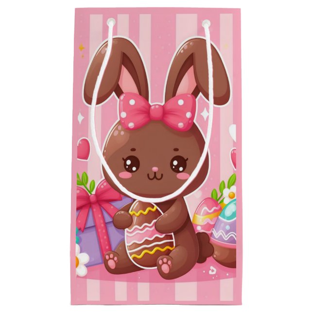 Petit Sac Cadeau Chocolat mignon lapin de Pâques avec rayures roses (Devant)