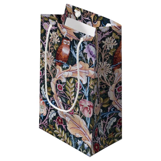 Petit Sac Cadeau Chouette et fleurs, William Morris (Devant Angle)