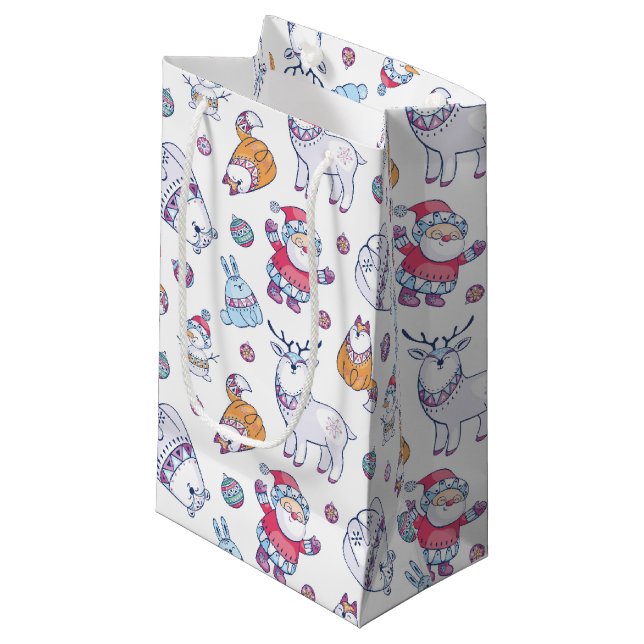 Petit Sac Cadeau Christmas Gift Bags with Santa & Holiday Animals (Devant Angle)
