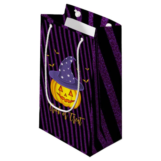Petit Sac Cadeau Citrouille d'Halloween et rayures noires (Devant Angle)