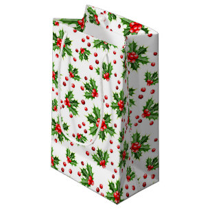 Petit Sac Cadeau Classic Holiday Green Holly Red Berries
