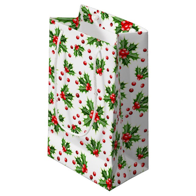Petit Sac Cadeau Classic Holiday Green Holly Red Berries (Devant Angle)