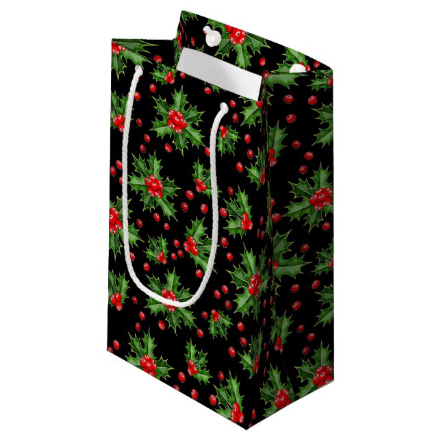 Petit Sac Cadeau Classic Holiday Green Holly Red Berries Motif (Devant Angle)