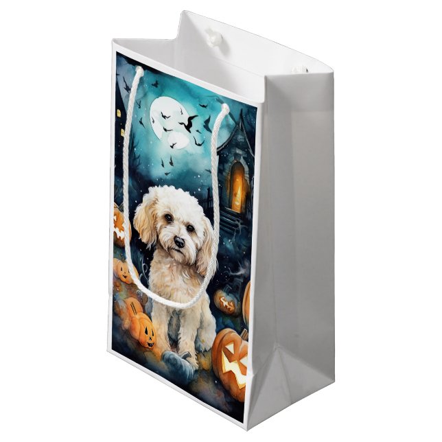 Petit Sac Cadeau Cockapou d'Halloween avec la peur Citrouille (Devant Angle)