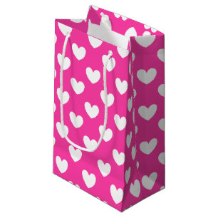 Petit Sac Cadeau Coeurs polka blanc sur rose fuchsia