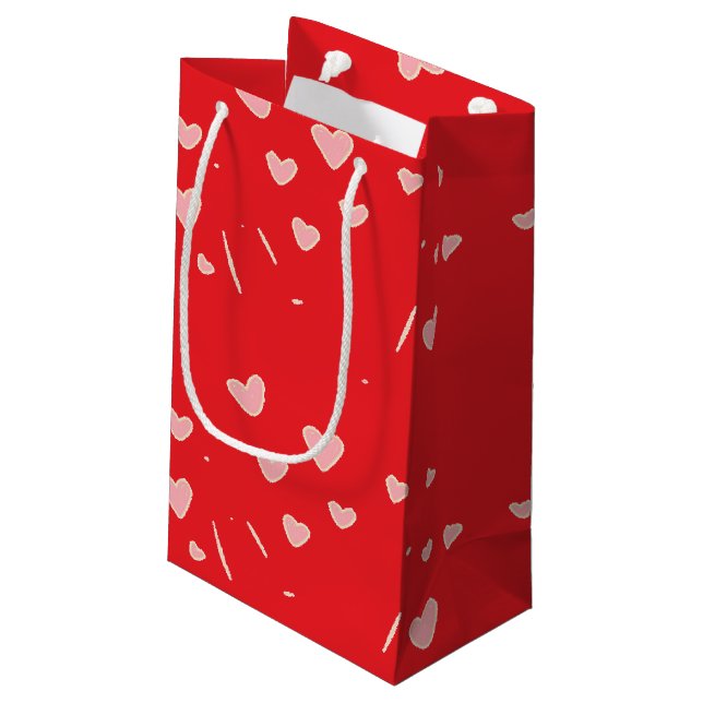 Petit Sac Cadeau Coeurs roses flottants sur le rouge (Dos Angle)