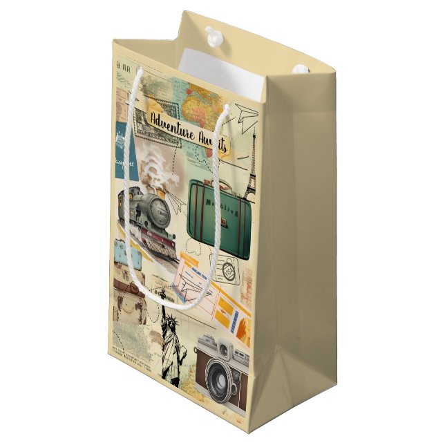 Petit Sac Cadeau Collage Vintage voyage (Devant Angle)