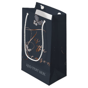 Petit Sac Cadeau Copper Tis Season On Blue avec Holly