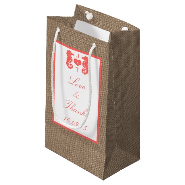Petit Sac Cadeau Coral Seahorse Burlap Beach Wedding Collection (Devant Angle)
