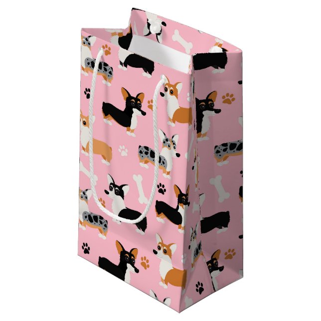 Petit Sac Cadeau Corgi Motif rose (Devant Angle)