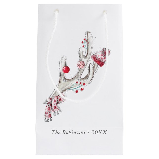 Petit Sac Cadeau Couleur d'eau mignonne Hiver Cerfs Antlers Noël (Devant)