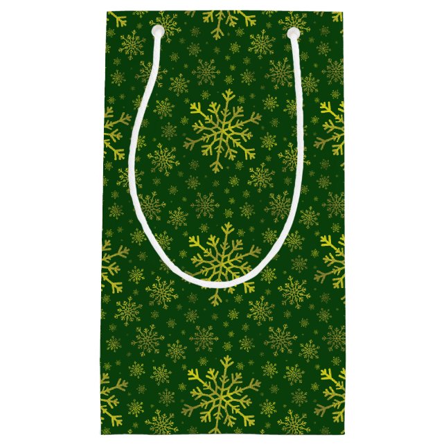 Petit Sac Cadeau Coupe de neige de Noël Jaune sur Vert (Devant)