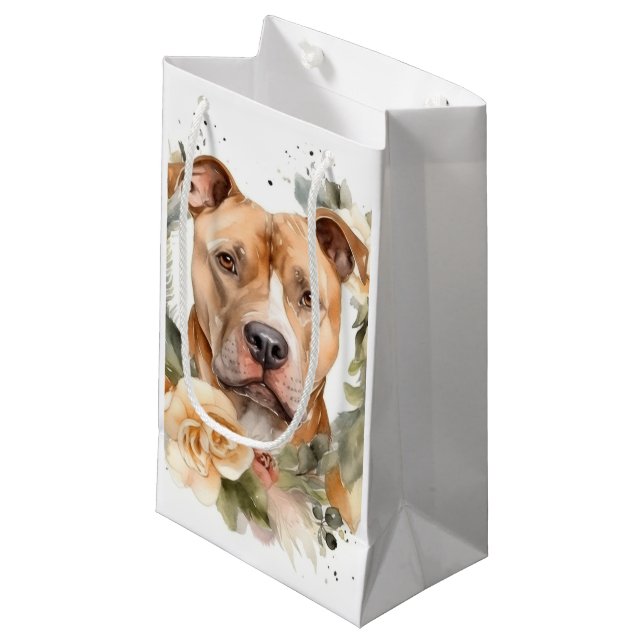 Petit Sac Cadeau Couronne de Noël Pitbull Chien de fête (Devant Angle)
