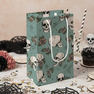 Petit Sac Cadeau Crânes gothiques verts et Halloween Rose