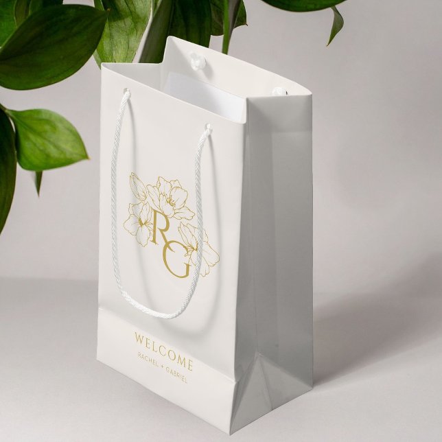 Petit Sac Cadeau Crème | Chic Faux Gold Monogram Mariage de bienven (Créateur téléchargé)