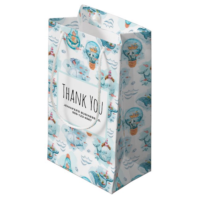Petit Sac Cadeau Cute Baleines Nautiques Aquarelle Motif (Devant Angle)