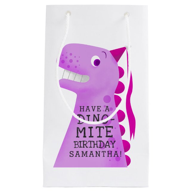Petit Sac Cadeau Cute Dinosaur Rose Personnalisé Anniversaire (Devant)